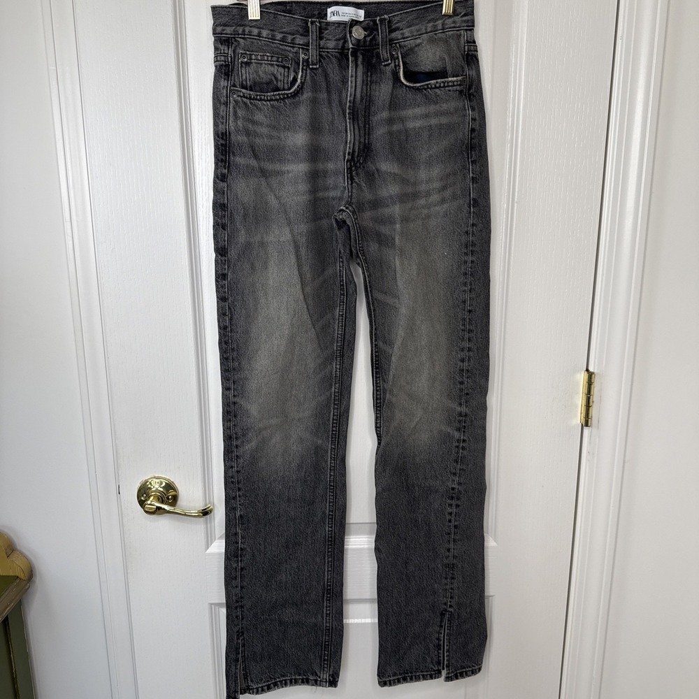 Zara Straight Leg Jeans Womens 2 EUR 34 Washed Black Gray Front Slit Hem Y2K 90s